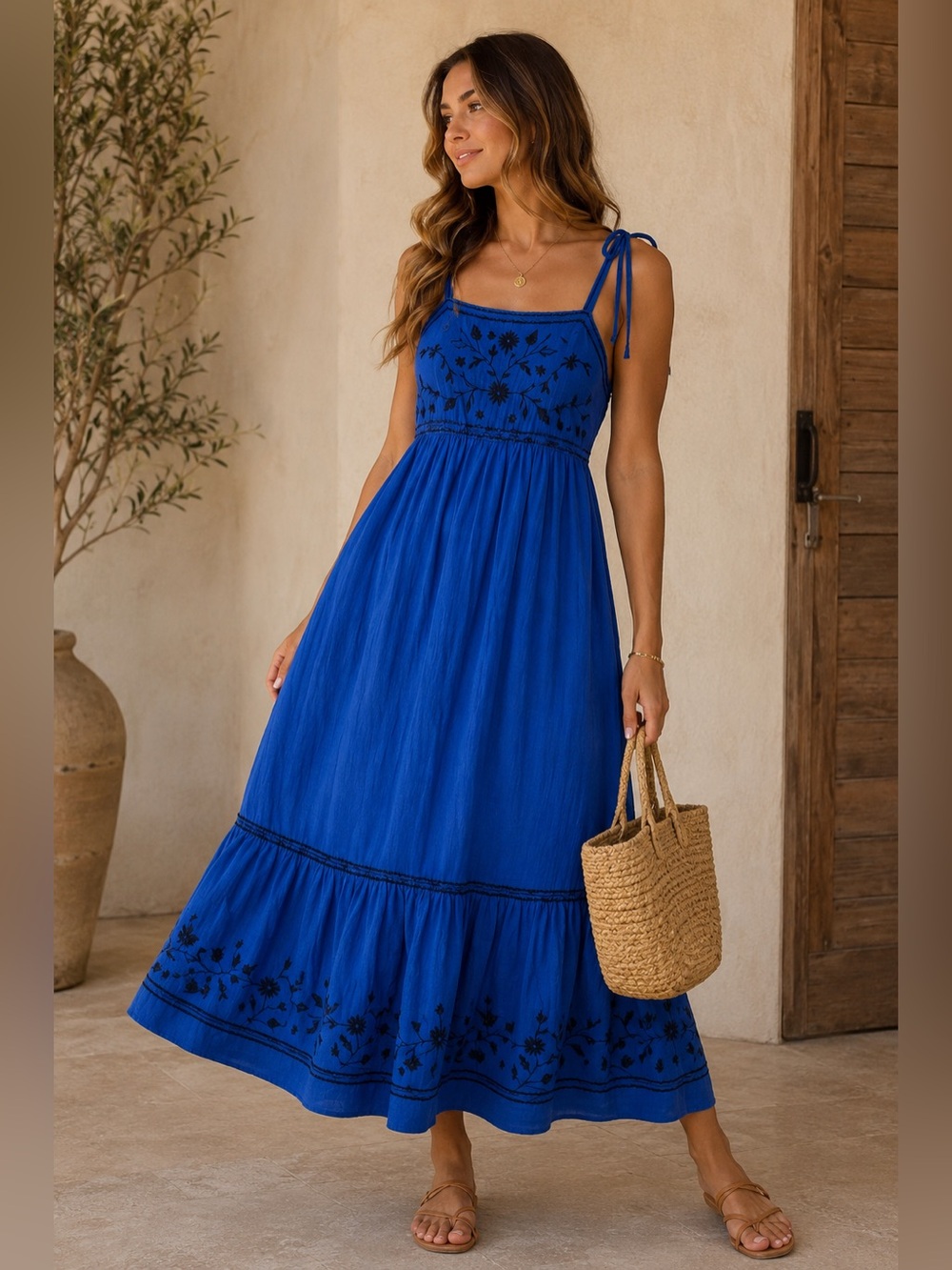 Blue Embroidered Tie-Strap smocked back Midi Dress